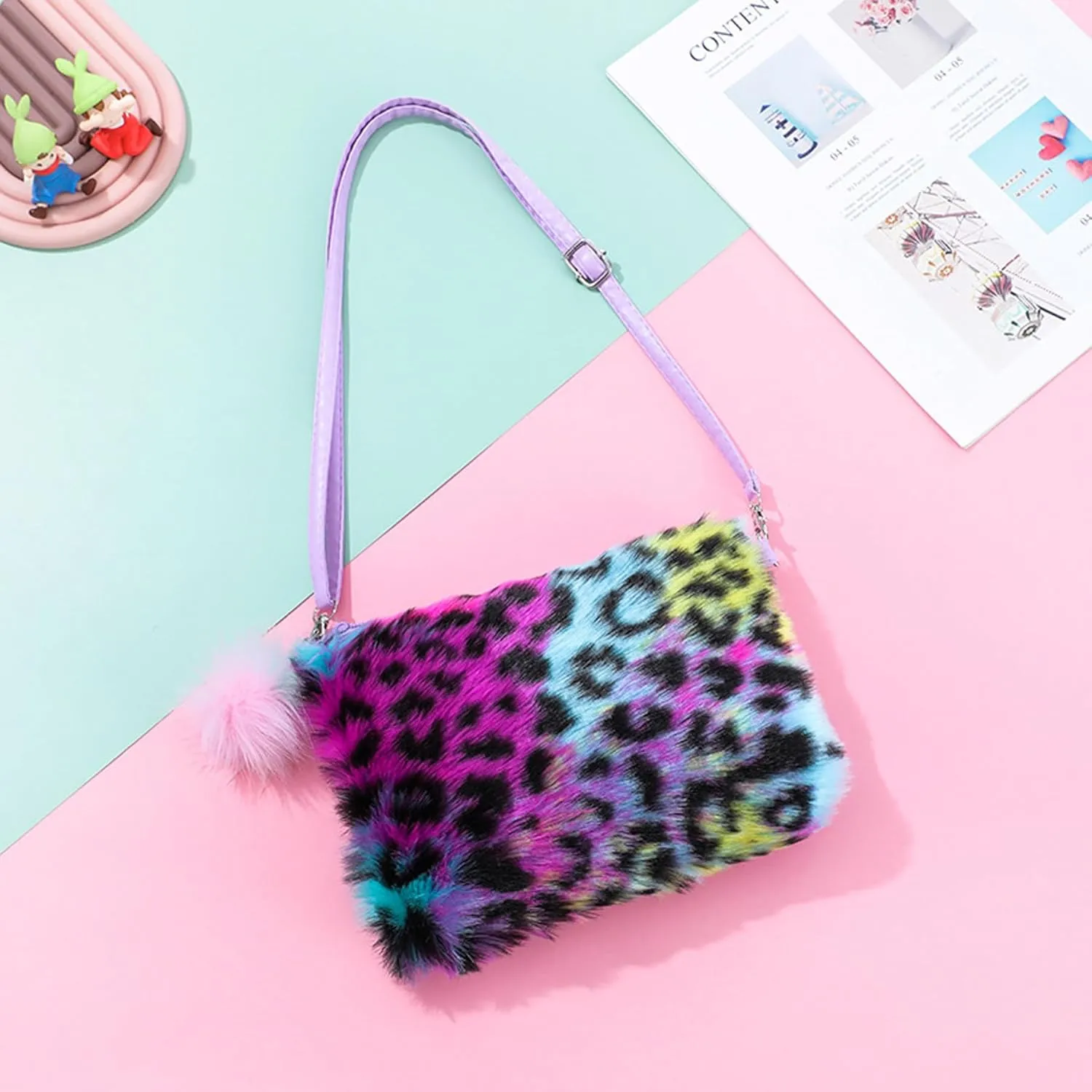Kids Girls Fluffy Crossbody Purse Fuzzy Bag Plush Tie Dye Rainbow Shoulder Bag Handbag Wallet