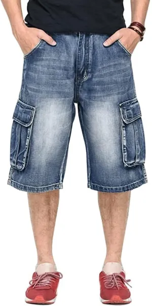 Kinghua Baggy Jean Shorts for Men Casual Loose Fit Hip Hop Denim Shorts