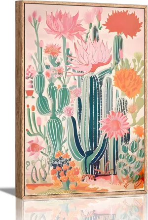 KISSFOX Framed Mexican Canvas Wall Art Cactus Desert Plant Poster Prints Vintage Green Pink Orange Botanical Floral Painting Colorful Southwestern Rustic Picture Decor Living Room Bathroom Bedroom
