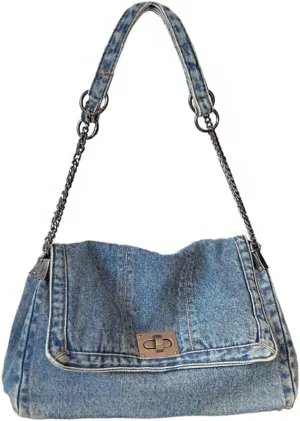 KlaOYer Denim Shoulder Bag for Women Jean Tote Bag Adjustable Chain Strap Crossbody Bags Y2k Trendy Hobo Purse Handbag