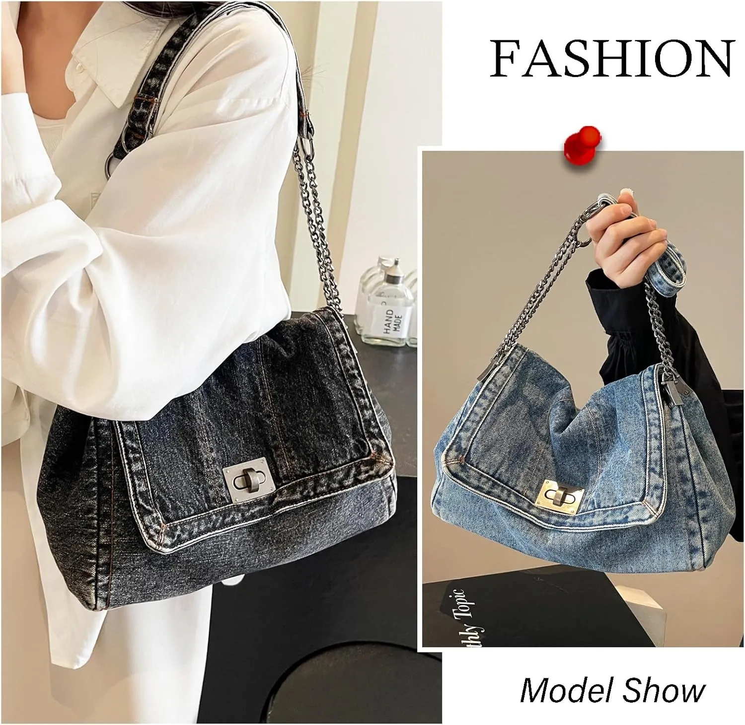KlaOYer Denim Shoulder Bag for Women Jean Tote Bag Adjustable Chain Strap Crossbody Bags Y2k Trendy Hobo Purse Handbag