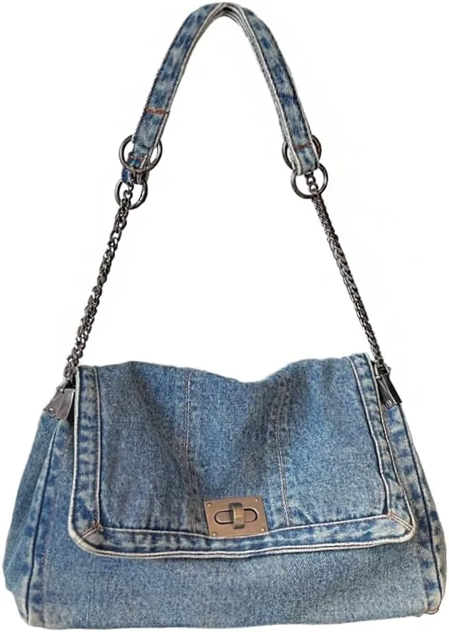 KlaOYer Denim Shoulder Bag for Women Jean Tote Bag Adjustable Chain Strap Crossbody Bags Y2k Trendy Hobo Purse Handbag