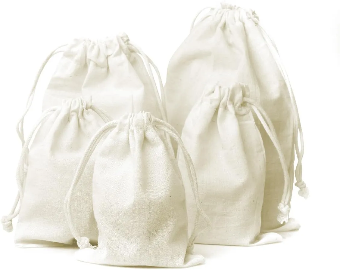 Knitial 8"x10" Natural Cotton Muslin Drawstring Bags Multipurpose 25 Bag Pack