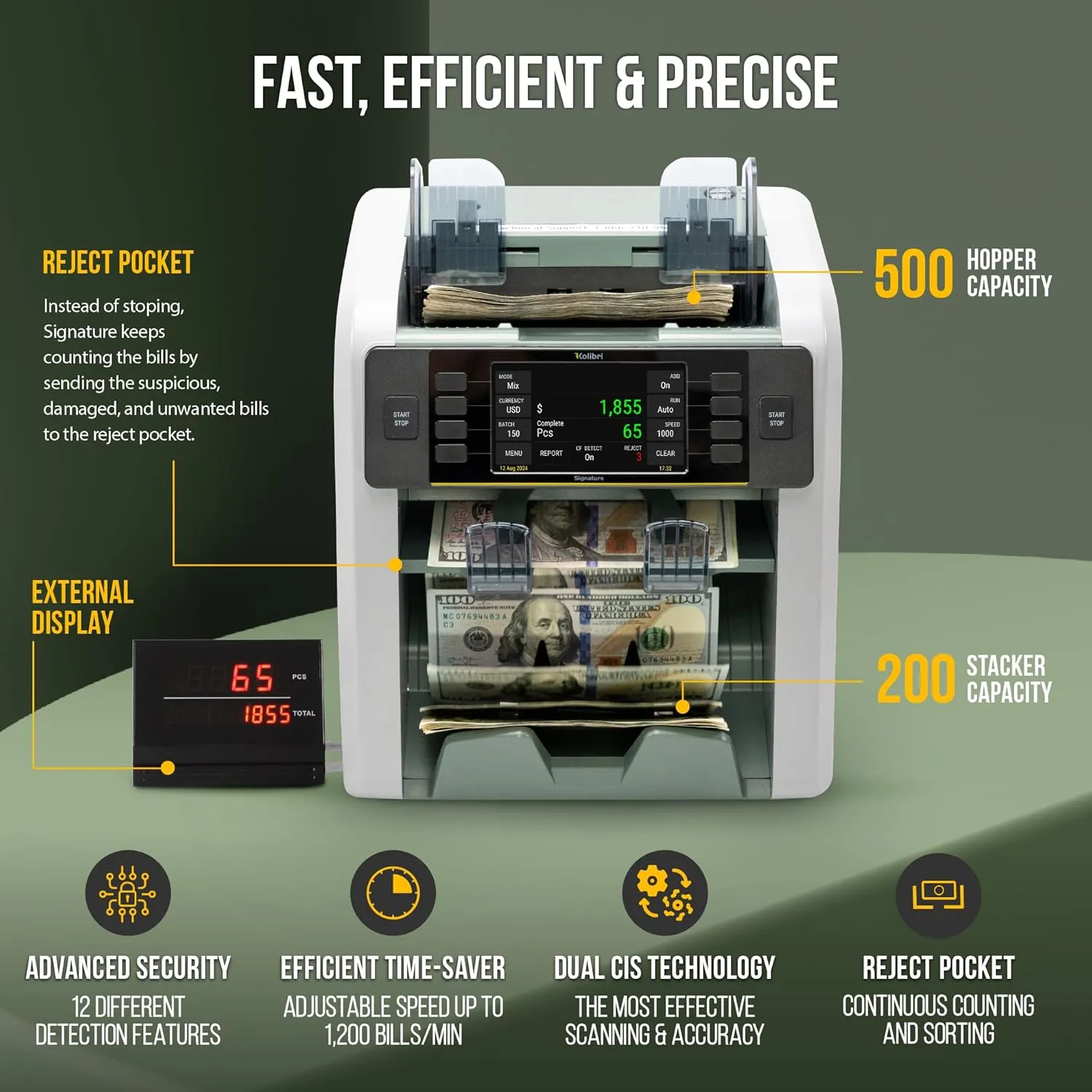 KOLIBRI Signature Bank-Grade Money Counter Machine Mixed Denomination | 2-Pocket Cash Counter Machine, Currency Discriminator | 3-Year Manufacturer's Warranty | 2 CIS UV/MG IR/MT SN/DV IRT