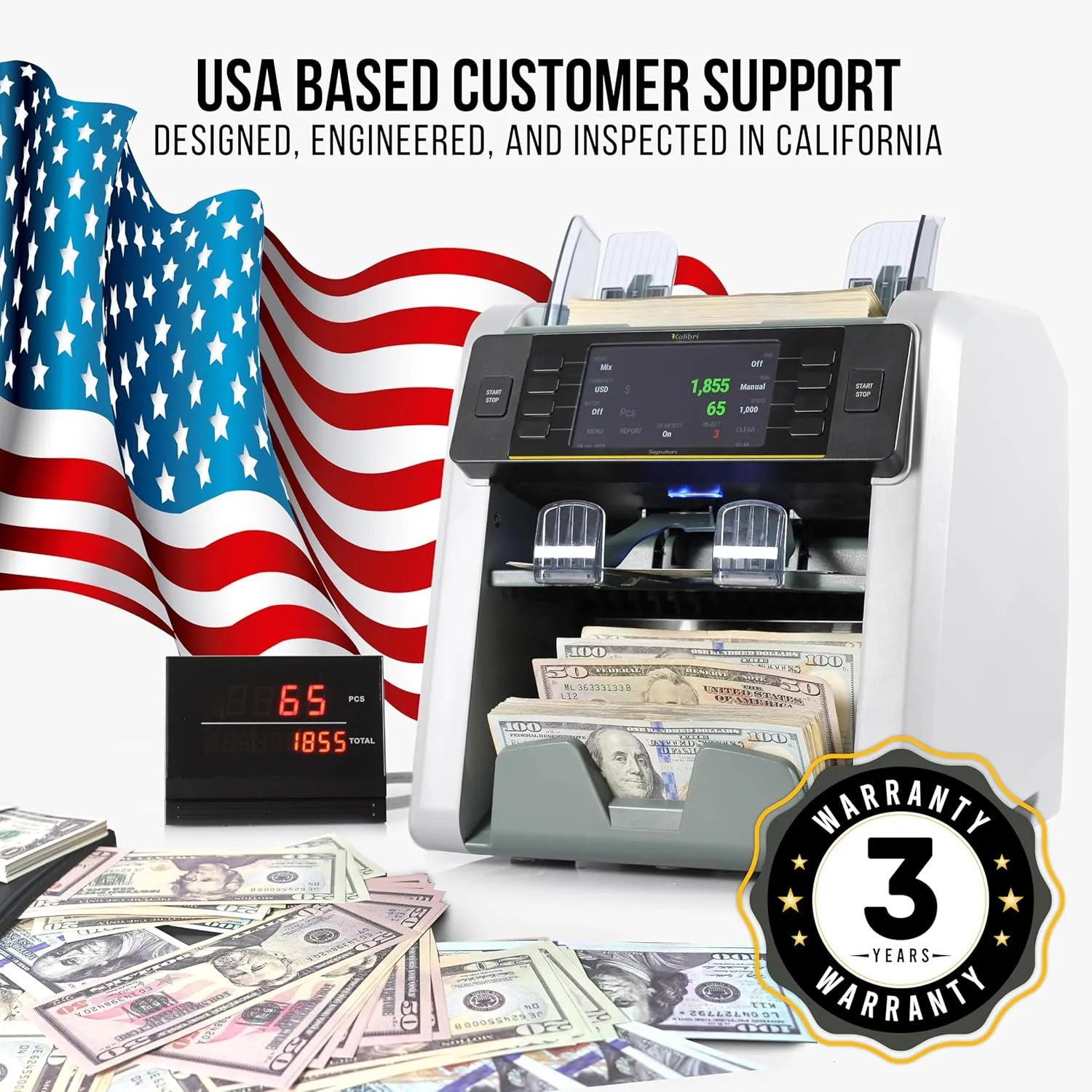 KOLIBRI Signature Bank-Grade Money Counter Machine Mixed Denomination | 2-Pocket Cash Counter Machine, Currency Discriminator | 3-Year Manufacturer's Warranty | 2 CIS UV/MG IR/MT SN/DV IRT