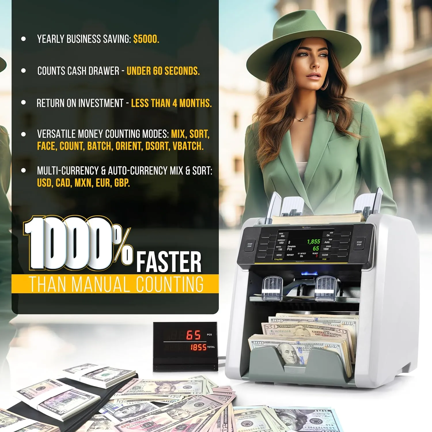 KOLIBRI Signature Bank-Grade Money Counter Machine Mixed Denomination | 2-Pocket Cash Counter Machine, Currency Discriminator | 3-Year Manufacturer's Warranty | 2 CIS UV/MG IR/MT SN/DV IRT