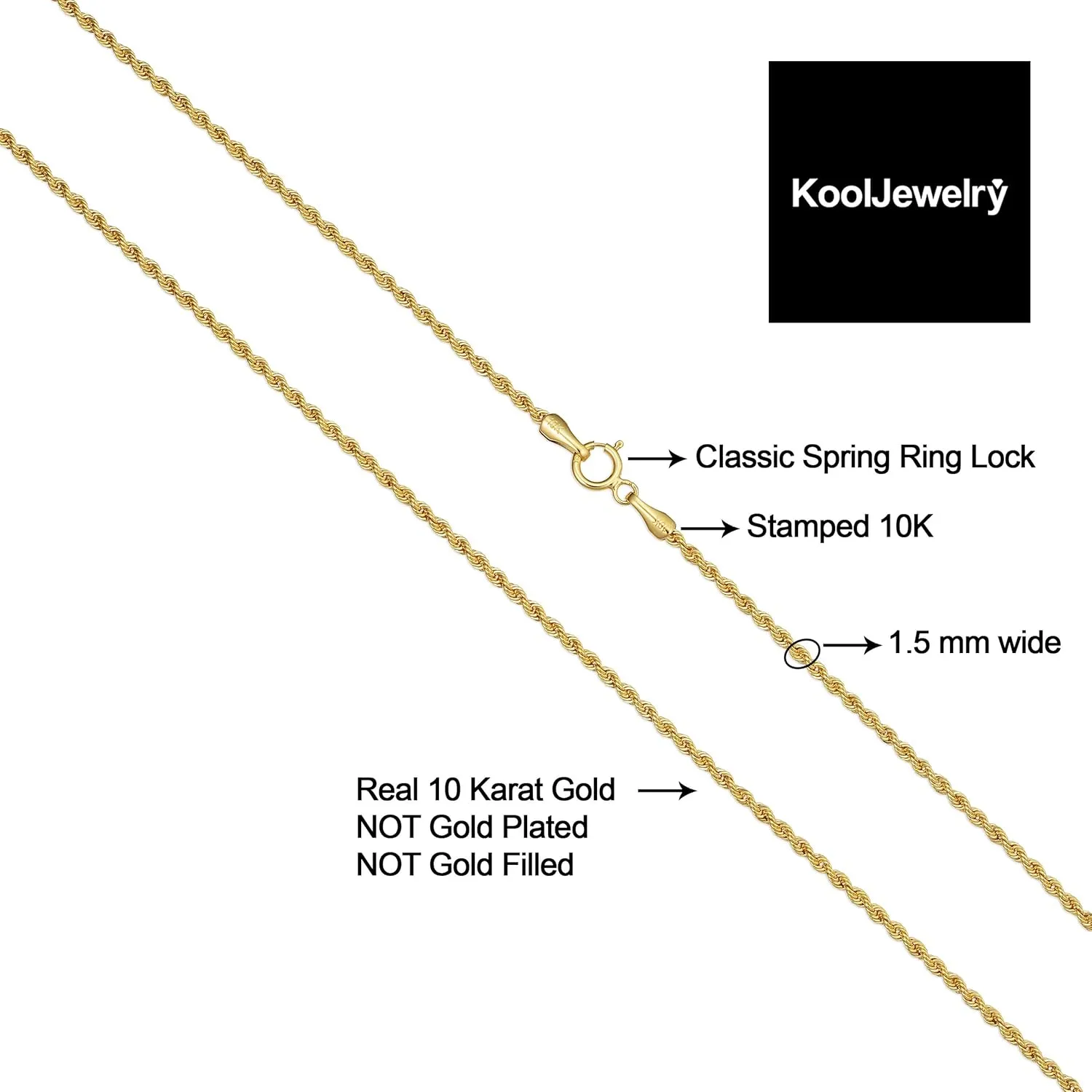 Kooljewelry 10k Yellow Gold Rope Chain Necklace For Men And Women (choose from 1.5mm, 1.8mm, 2.6mm, 3.2mm, 3.8mm or 4.8mm. size from 16 until 30 inches long)