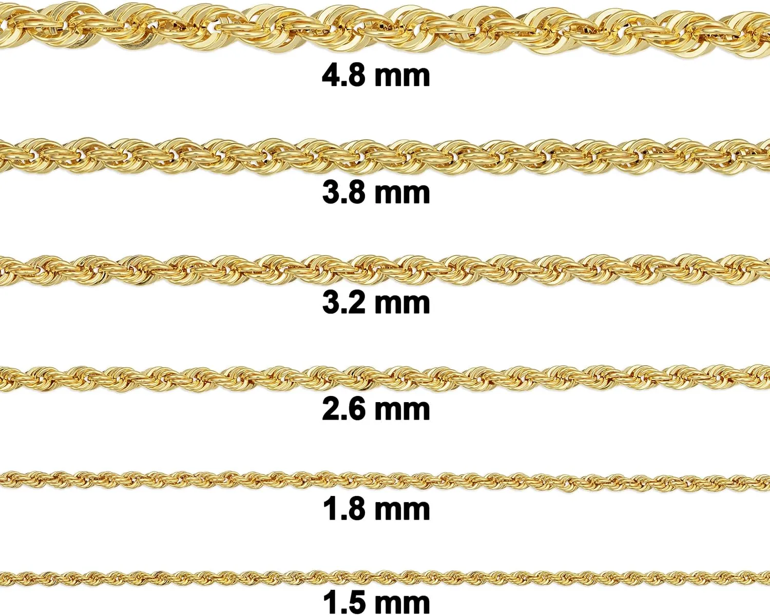 Kooljewelry 10k Yellow Gold Rope Chain Necklace For Men And Women (choose from 1.5mm, 1.8mm, 2.6mm, 3.2mm, 3.8mm or 4.8mm. size from 16 until 30 inches long)