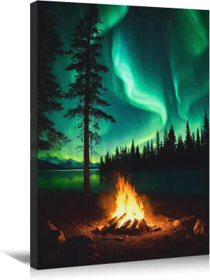 KPLUNDO Northern Lights Wall Art Forest Bonfire Picture Canvas Print Nature Landscape Poster Rustic Farmhouse Painting for Home Office Living Room Bedroom Decor Framed(Art-2,12.00x18.00 inch)