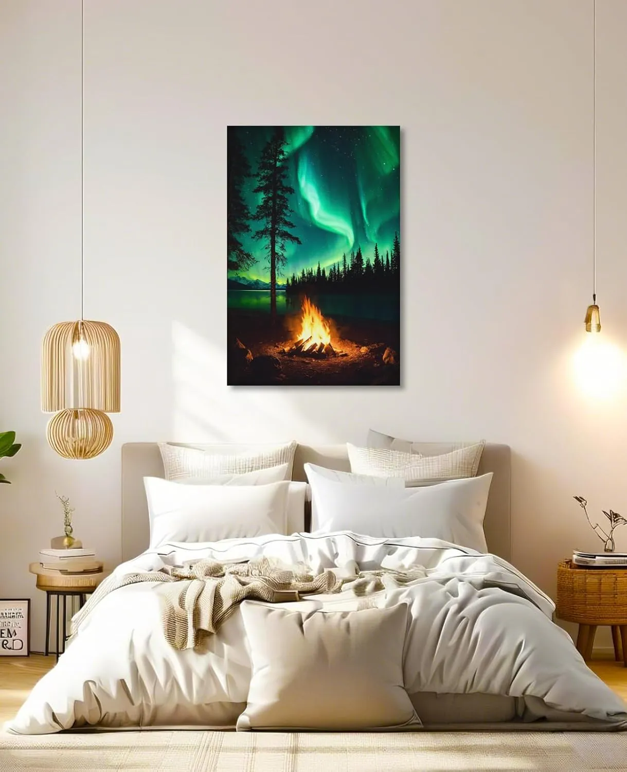 KPLUNDO Northern Lights Wall Art Forest Bonfire Picture Canvas Print Nature Landscape Poster Rustic Farmhouse Painting for Home Office Living Room Bedroom Decor Framed(Art-2,12.00x18.00 inch)