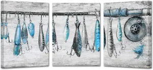 KREATIVE ARTS 3-Piece Vintage Fishing Rod Canvas Wall Art Set, Blue and Grey Nautical Decor, Rustic Fish and Hook Painting for Cabin, Coastal Freshwater Artwork, 12x16'' Each, Ready to Hang