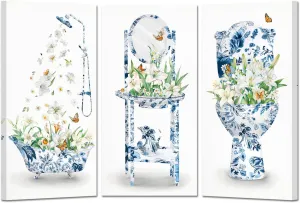 KREATIVE ARTS Chinese Blue White Porcelain Bath Set Canvas Print, 3 Pieces - Blue Bathtub, Toilet, Wash Basin with Lily Flowers, Rustic Floral Bathroom Wall Art, Framed 6x12 Inch Ready to Hang