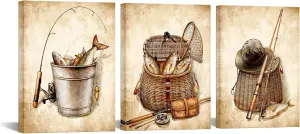 KREATIVE ARTS Vintage 3 Piece Canvas Set, Rustic Fishing Décor with Rod, Reel & Lures Patent Prints - Fishing Accessories for Lake or Mountain Cabin, Bedroom, 12x16” Panels