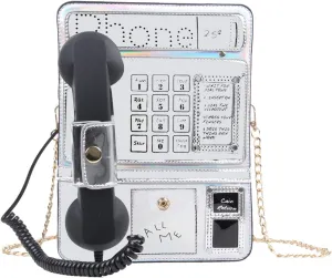 KUANG! Women Reflective Laser Fashion Telephone Shaped Shoulder Bag Ladies Funny Crossbody Bag Chain Purse