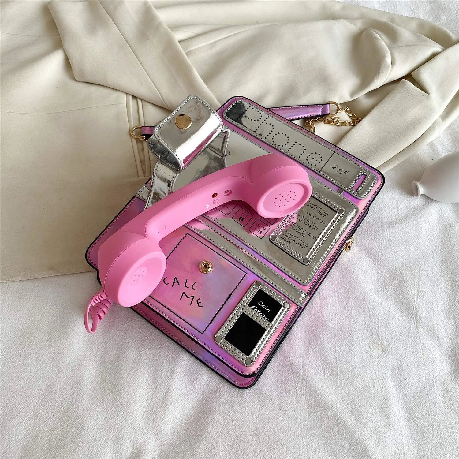 KUANG! Women Reflective Laser Fashion Telephone Shaped Shoulder Bag Ladies Funny Crossbody Bag Chain Purse