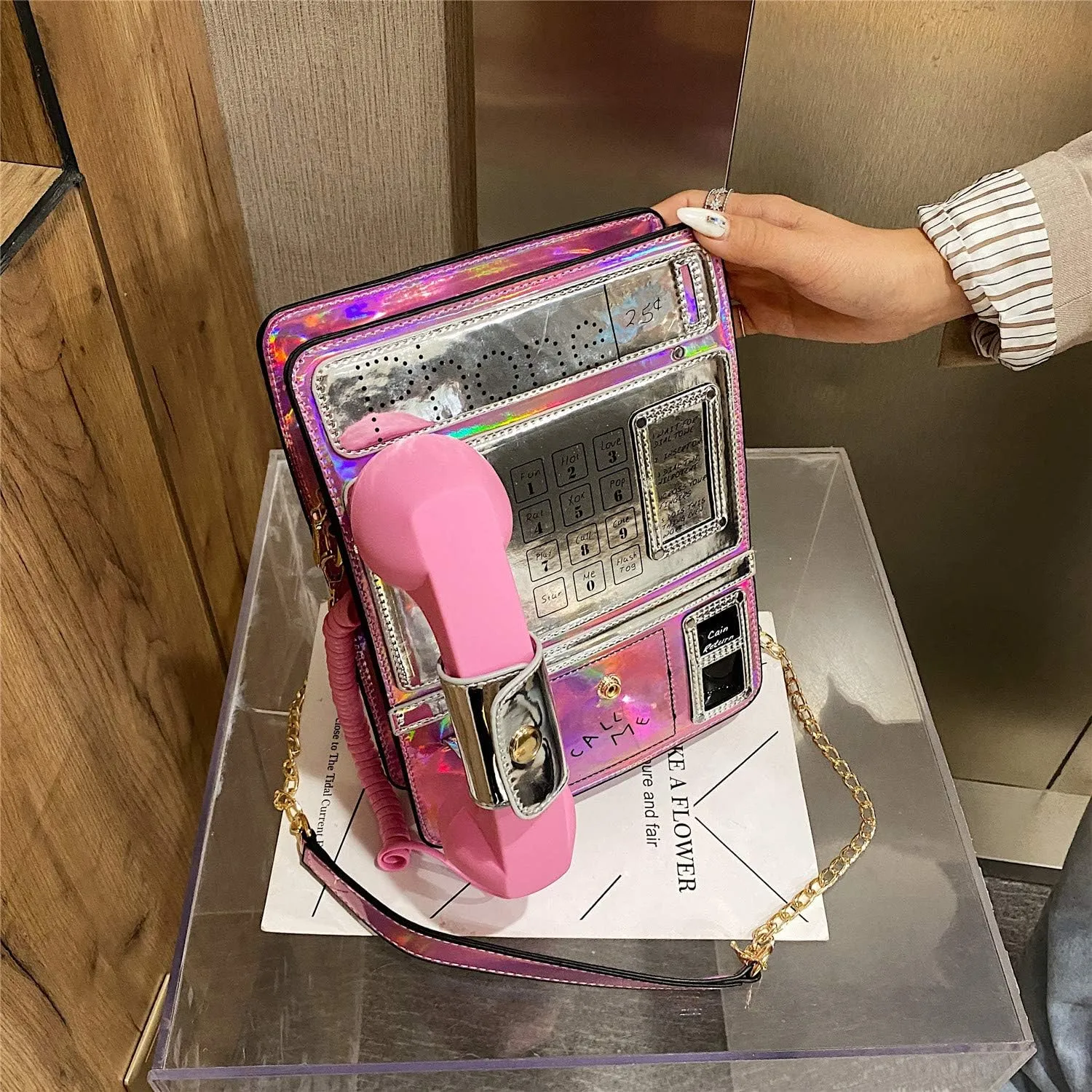 KUANG! Women Reflective Laser Fashion Telephone Shaped Shoulder Bag Ladies Funny Crossbody Bag Chain Purse