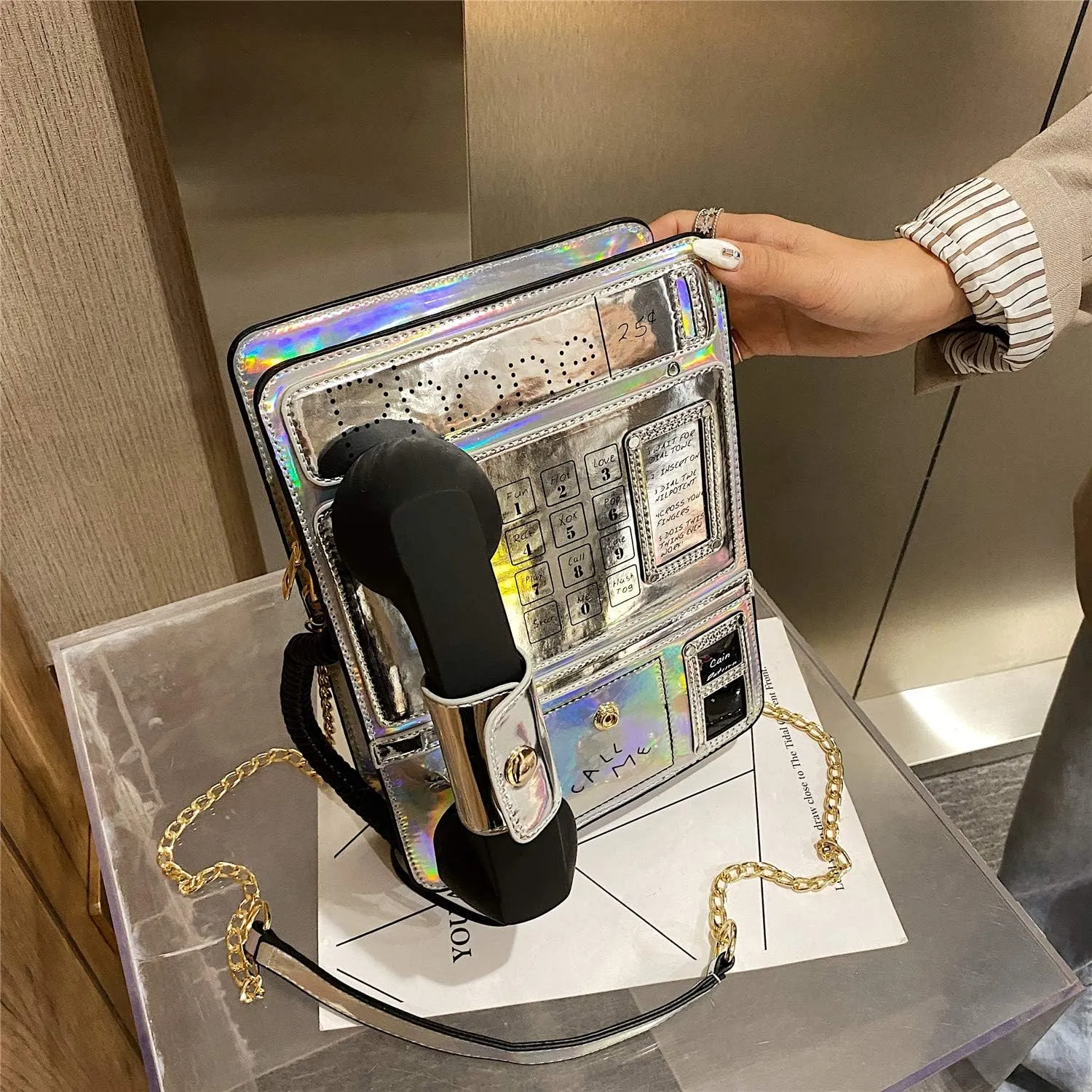 KUANG! Women Reflective Laser Fashion Telephone Shaped Shoulder Bag Ladies Funny Crossbody Bag Chain Purse