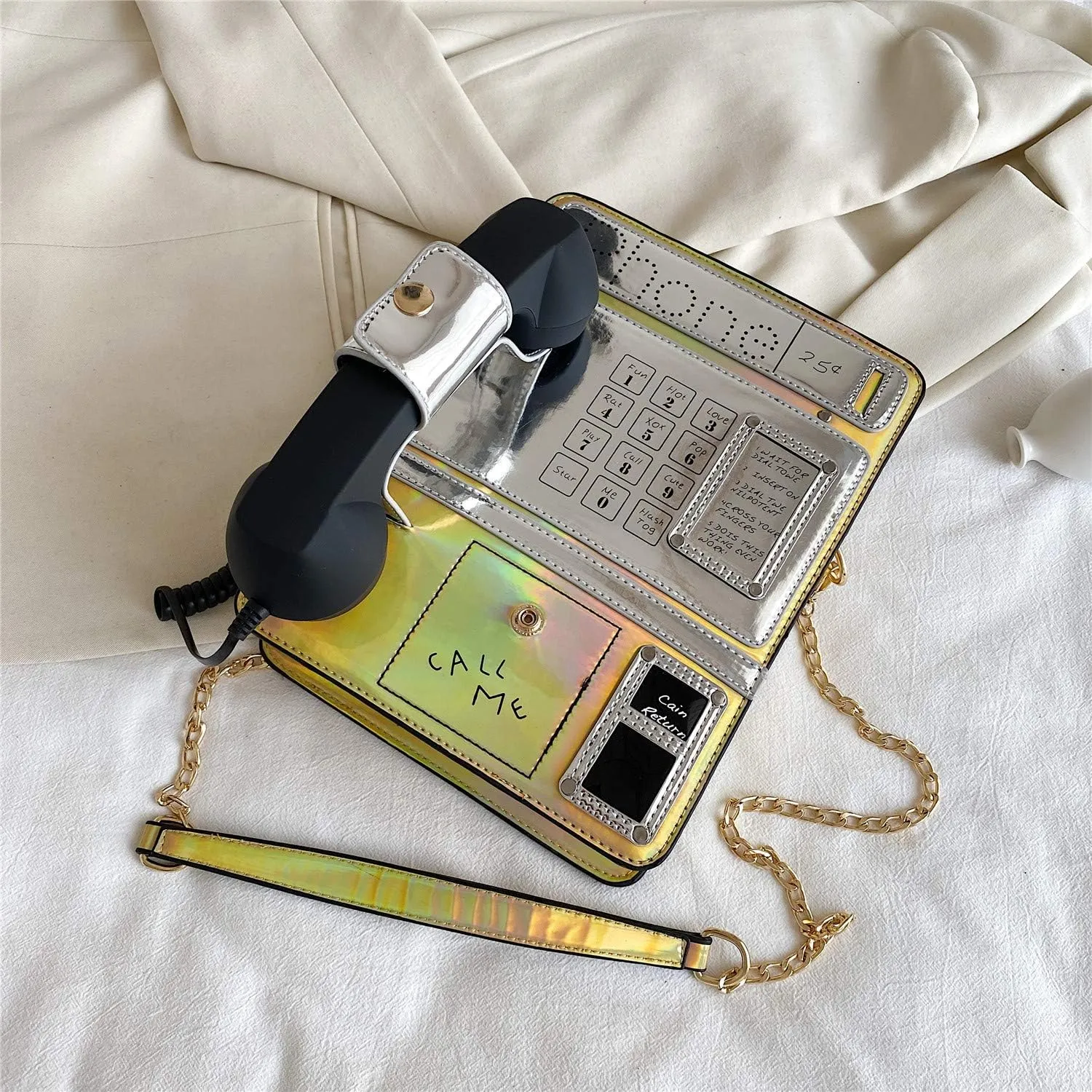 KUANG! Women Reflective Laser Fashion Telephone Shaped Shoulder Bag Ladies Funny Crossbody Bag Chain Purse