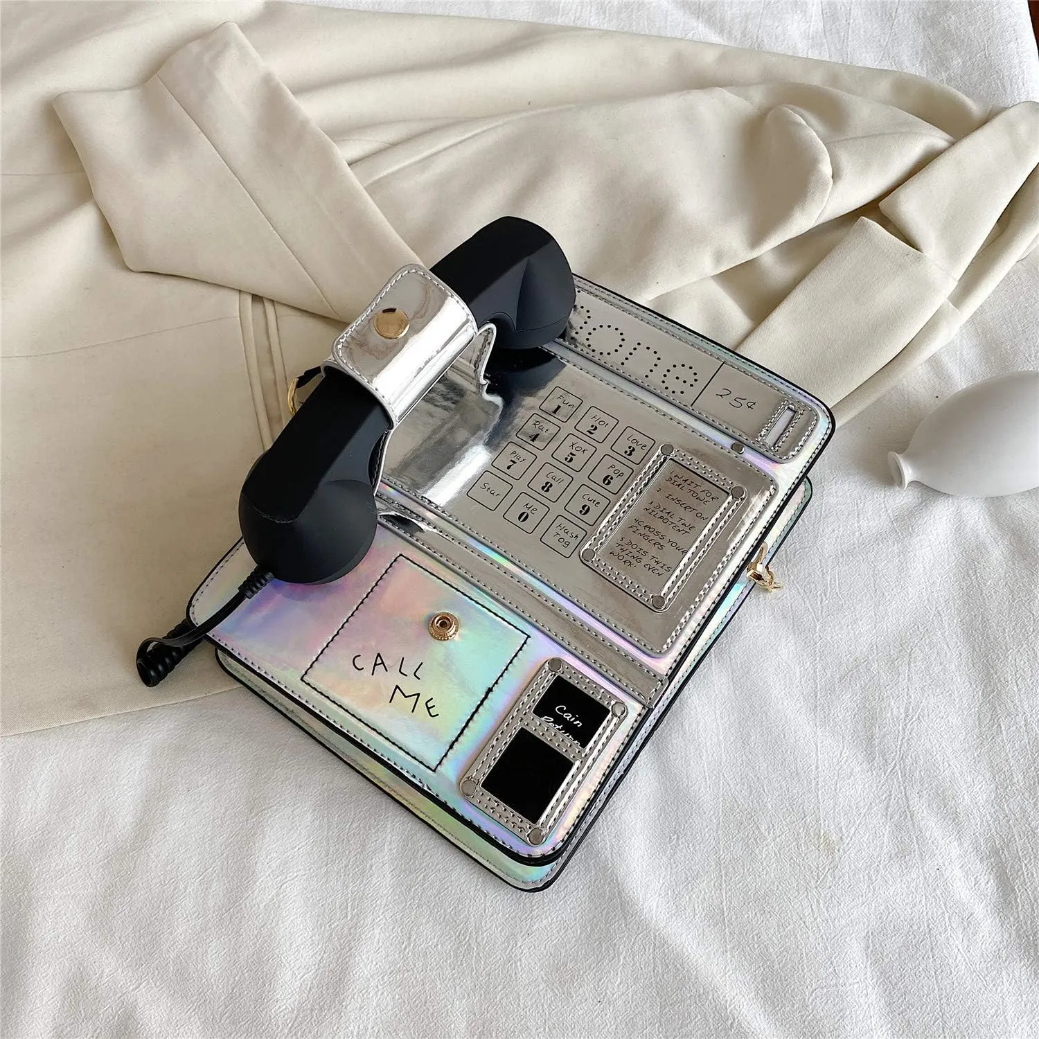 KUANG! Women Reflective Laser Fashion Telephone Shaped Shoulder Bag Ladies Funny Crossbody Bag Chain Purse