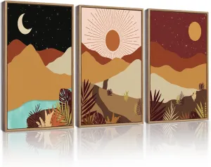KUVIOKE Boho Landscape Wall Art Set Watercolor Sunrise Mountain Range Forest Desert Nature Wilderness Farmhouse Rustic Modern Art Decorative for Living Room Bedroom 11x 14in (Natural Framed)