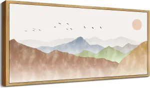 KUVIOKE Landscape Mountain Range Wall Art 20x 40in Large Set Watercolor Ink Wash Nature Scenry Sunrise Flying Bird Farmhouse Rustic Modern Art Decorative for Living Room Bedroom (Natural Framed)