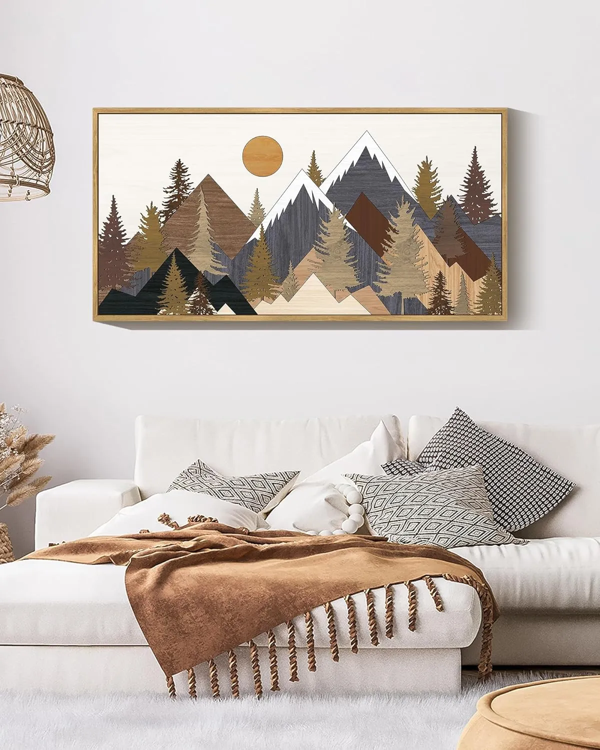 KUVIOKE Landscape Mountain Wall Art 20x 40in Large Set White Winter Sunrise Pine Tree Forest Nature Scenry Wilderness Farmhouse Rustic Modern Art Decorative for Living Room Bedroom (Natural Framed)