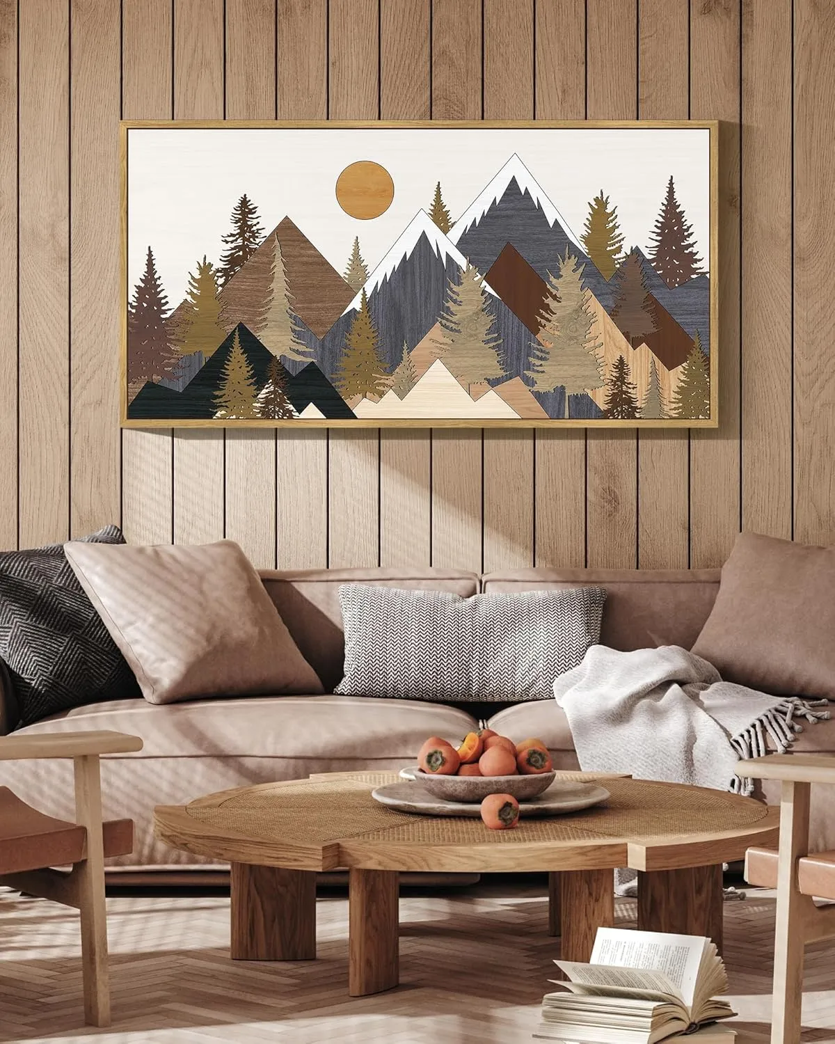 KUVIOKE Landscape Mountain Wall Art 20x 40in Large Set White Winter Sunrise Pine Tree Forest Nature Scenry Wilderness Farmhouse Rustic Modern Art Decorative for Living Room Bedroom (Natural Framed)