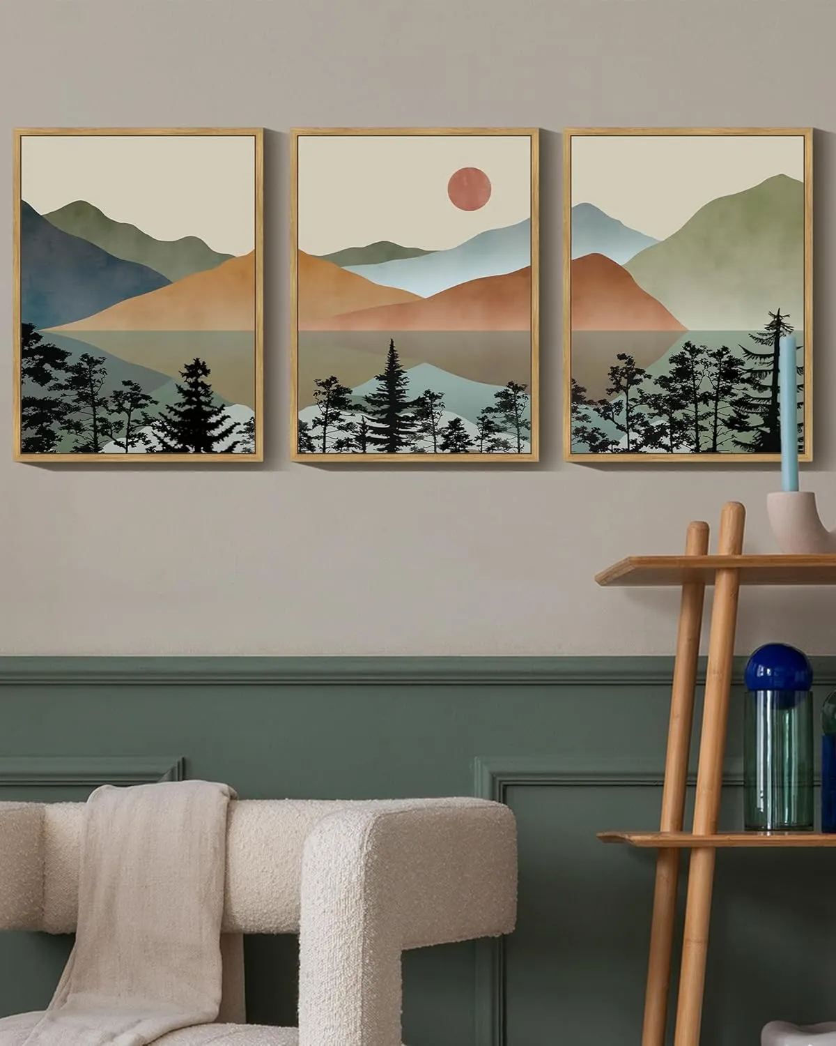 KUVIOKE Landscape Mountain Wall Art Set Lake Sunrise Pine Tree Forest Nature Scenry Wilderness Farmhouse Rustic Modern Art Decorative for Living Room Bedroom 11x 14in (Natural Framed)
