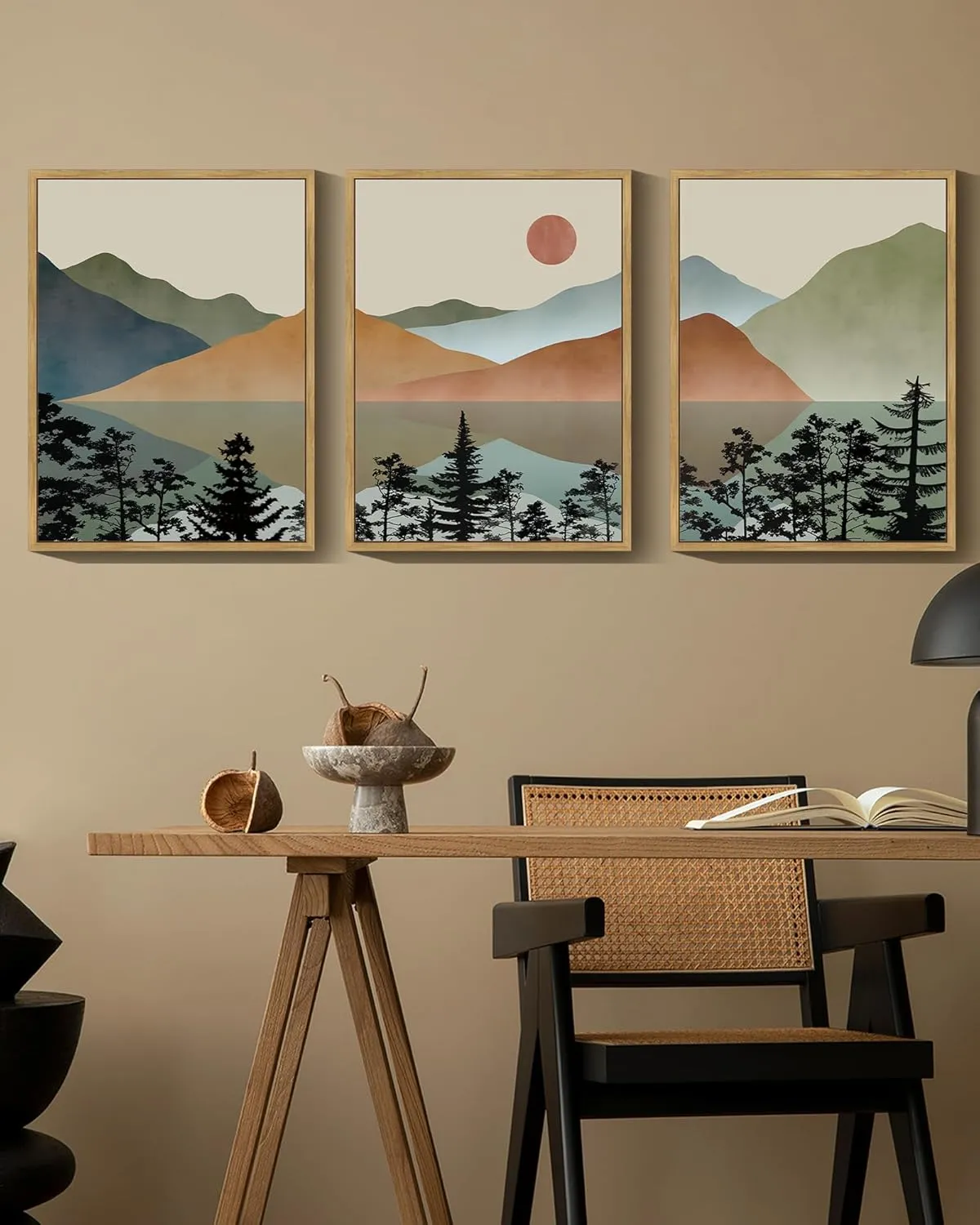 KUVIOKE Landscape Mountain Wall Art Set Lake Sunrise Pine Tree Forest Nature Scenry Wilderness Farmhouse Rustic Modern Art Decorative for Living Room Bedroom 11x 14in (Natural Framed)