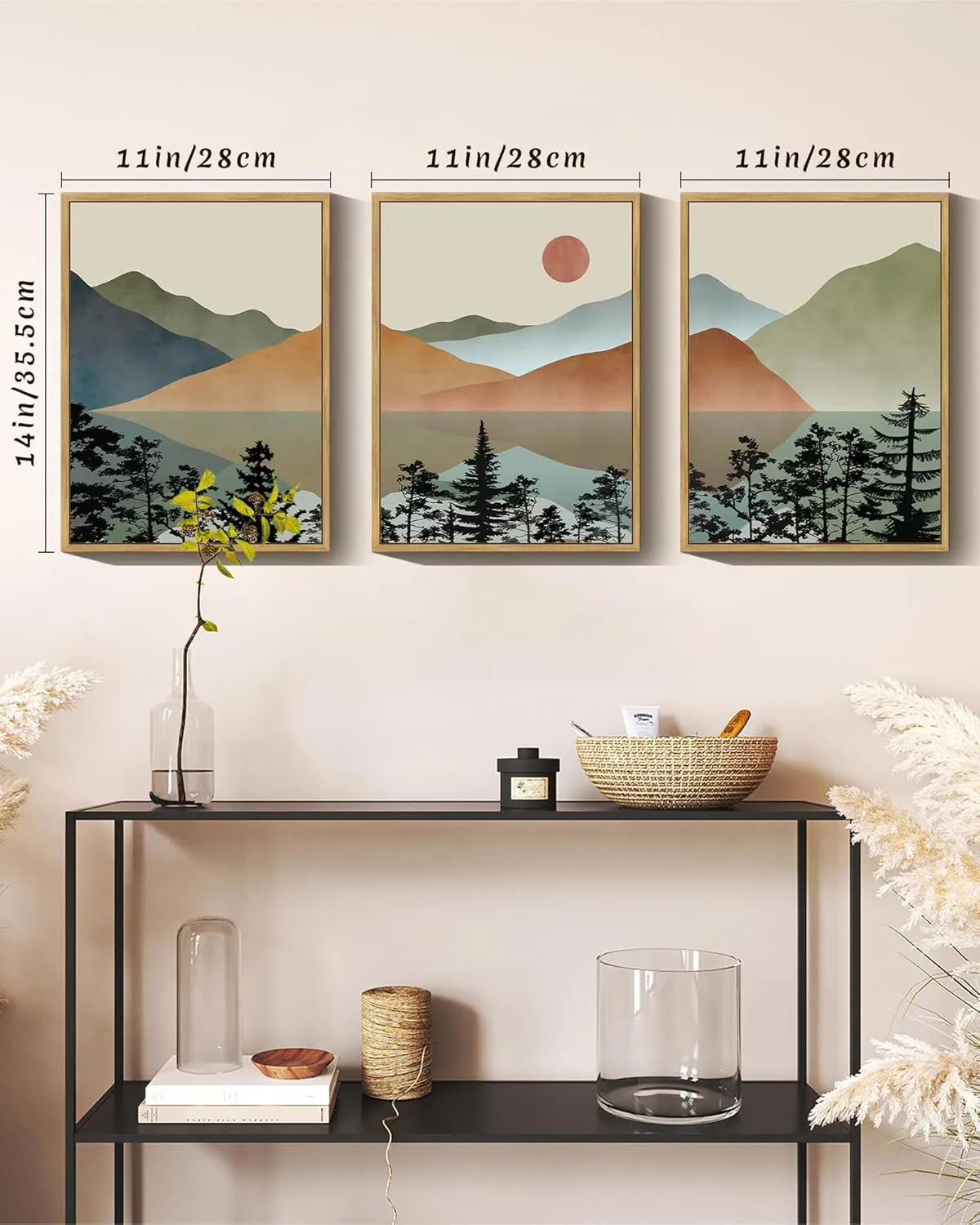 KUVIOKE Landscape Mountain Wall Art Set Lake Sunrise Pine Tree Forest Nature Scenry Wilderness Farmhouse Rustic Modern Art Decorative for Living Room Bedroom 11x 14in (Natural Framed)