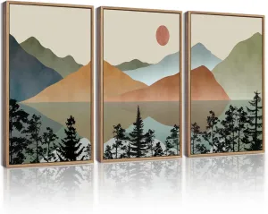 KUVIOKE Landscape Mountain Wall Art Set Lake Sunrise Pine Tree Forest Nature Scenry Wilderness Farmhouse Rustic Modern Art Decorative for Living Room Bedroom 11x 14in (Natural Framed)
