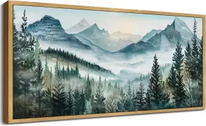 KUVIOKE Vintage Landscape Mountain Range Wall Art Set Watercolor Foggy Pine Tree Forest Nature Scenry Mist Wilderness Farmhouse Rustic Modern Art Decorative for Living Room Bedroom 8x16in (Natural Framed)
