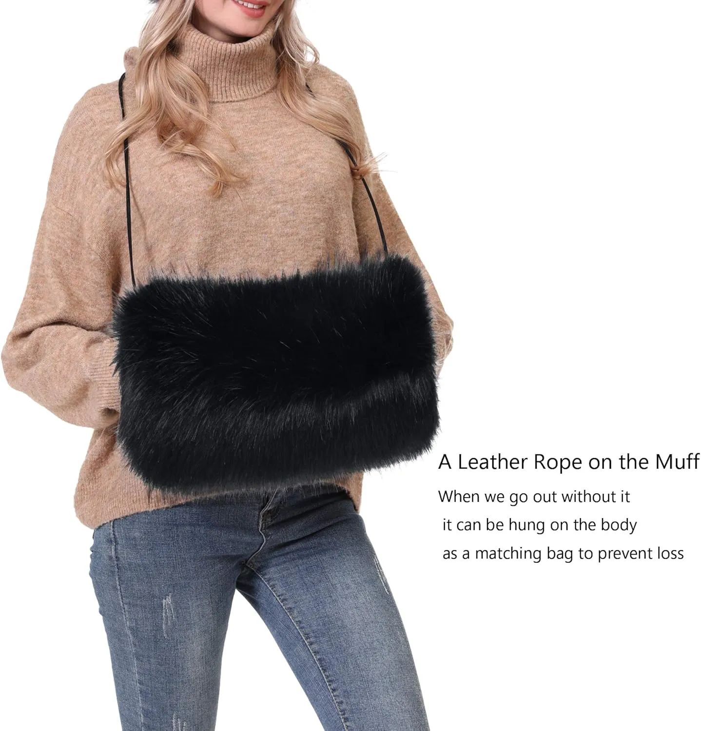 LA CARRIE Faux Fur Hand Muffs Women Winter Warmer Fuzzy Pouch Furry Plush Muffler Wedding Girl Kids Elegant Luxury Chic