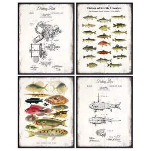 Lake, Mountain or Beach House Home Decor - Fishing Accessories Patent Print, Rod, Reel, Lures Wall Art Set - Vintage Rustic Bass, Trout, Freshwater Fish Room Decoration Poster - Gift for Fishermen