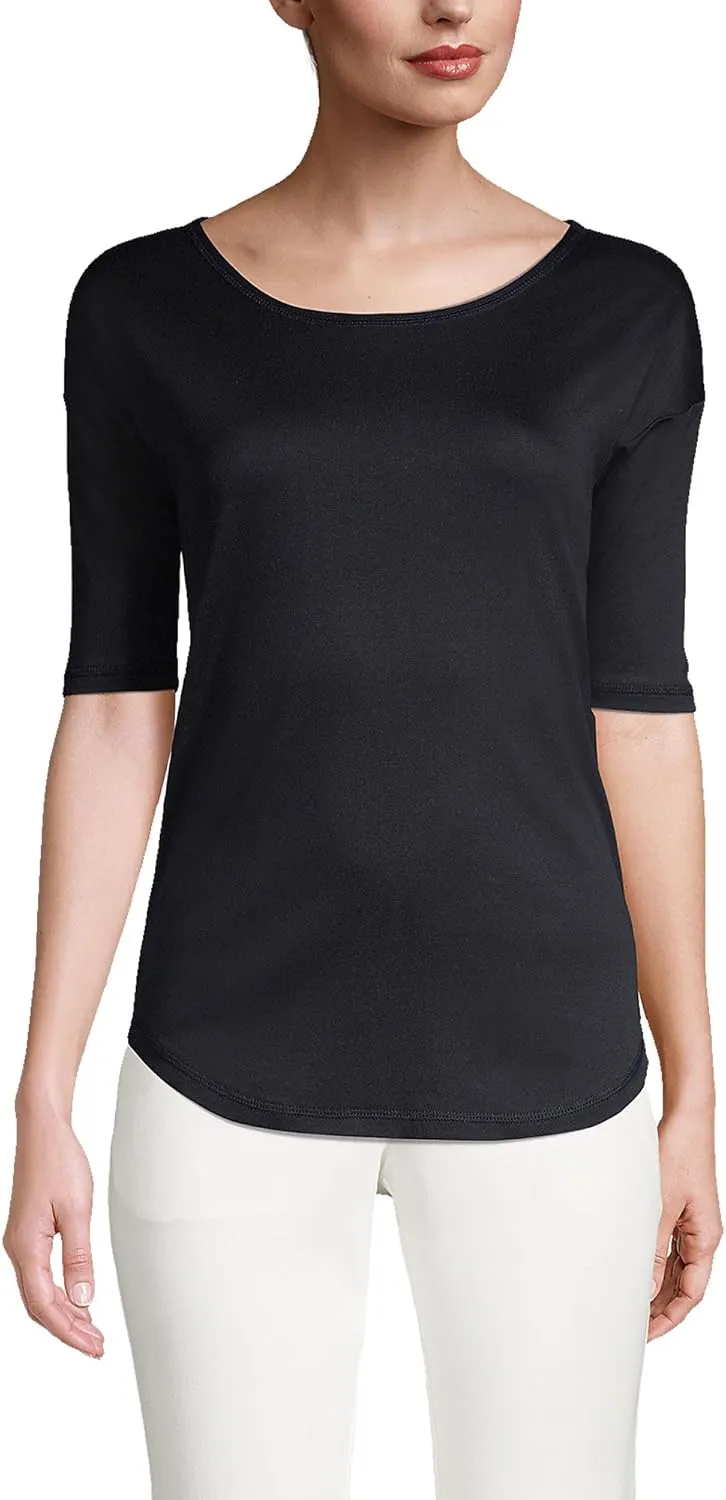 Lands' End Women's American-Grown Supima Micro Modal Elbow Sleeve Balletneck Curved Hem Top