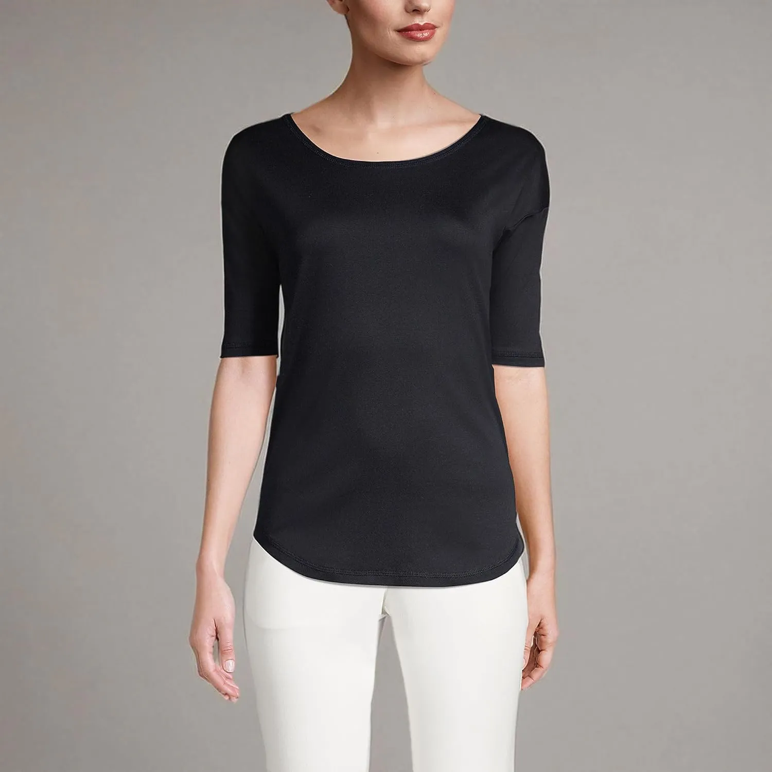 Lands' End Women's American-Grown Supima Micro Modal Elbow Sleeve Balletneck Curved Hem Top