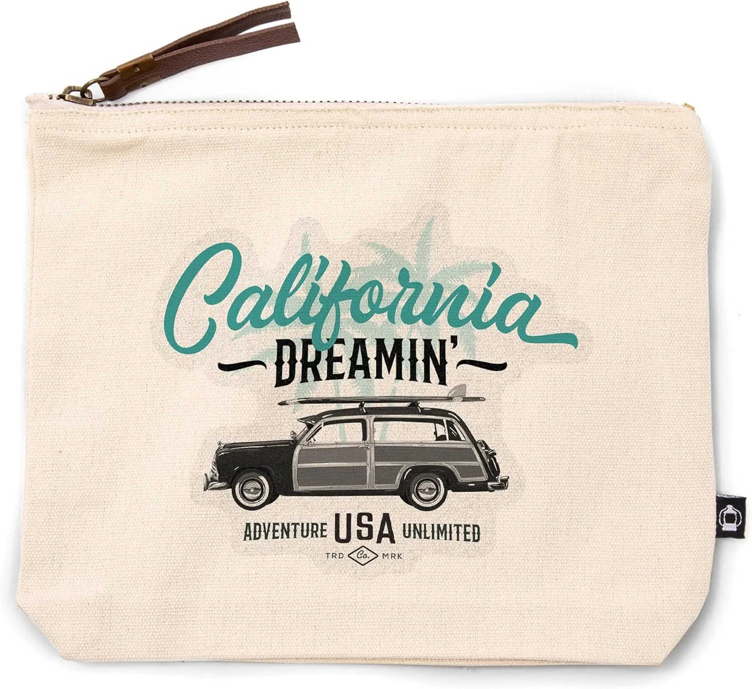 Lantern Press California Dreamin' Woody and Palm Typography, 100% Cotton Zipper Pouch, Travel Accessory, Go Bag