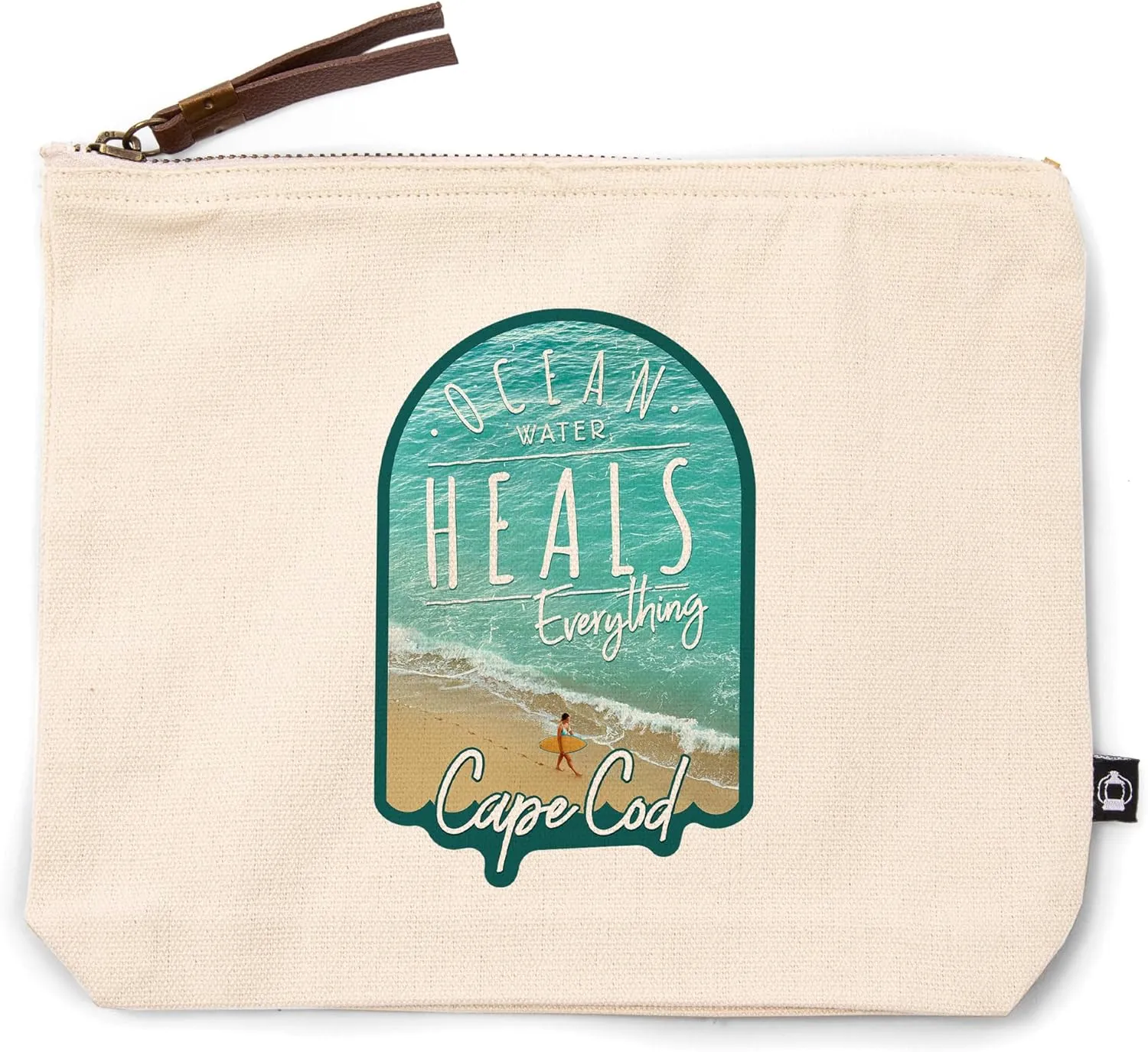 Lantern Press Cape Cod, Massachusetts, Ocean Water Heals Everything, Surfer on Beach, 100% Cotton Zipper Pouch, Travel Accessory, Go Bag