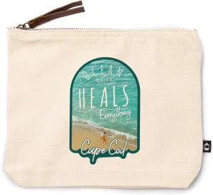 Lantern Press Cape Cod, Massachusetts, Ocean Water Heals Everything, Surfer on Beach, 100% Cotton Zipper Pouch, Travel Accessory, Go Bag
