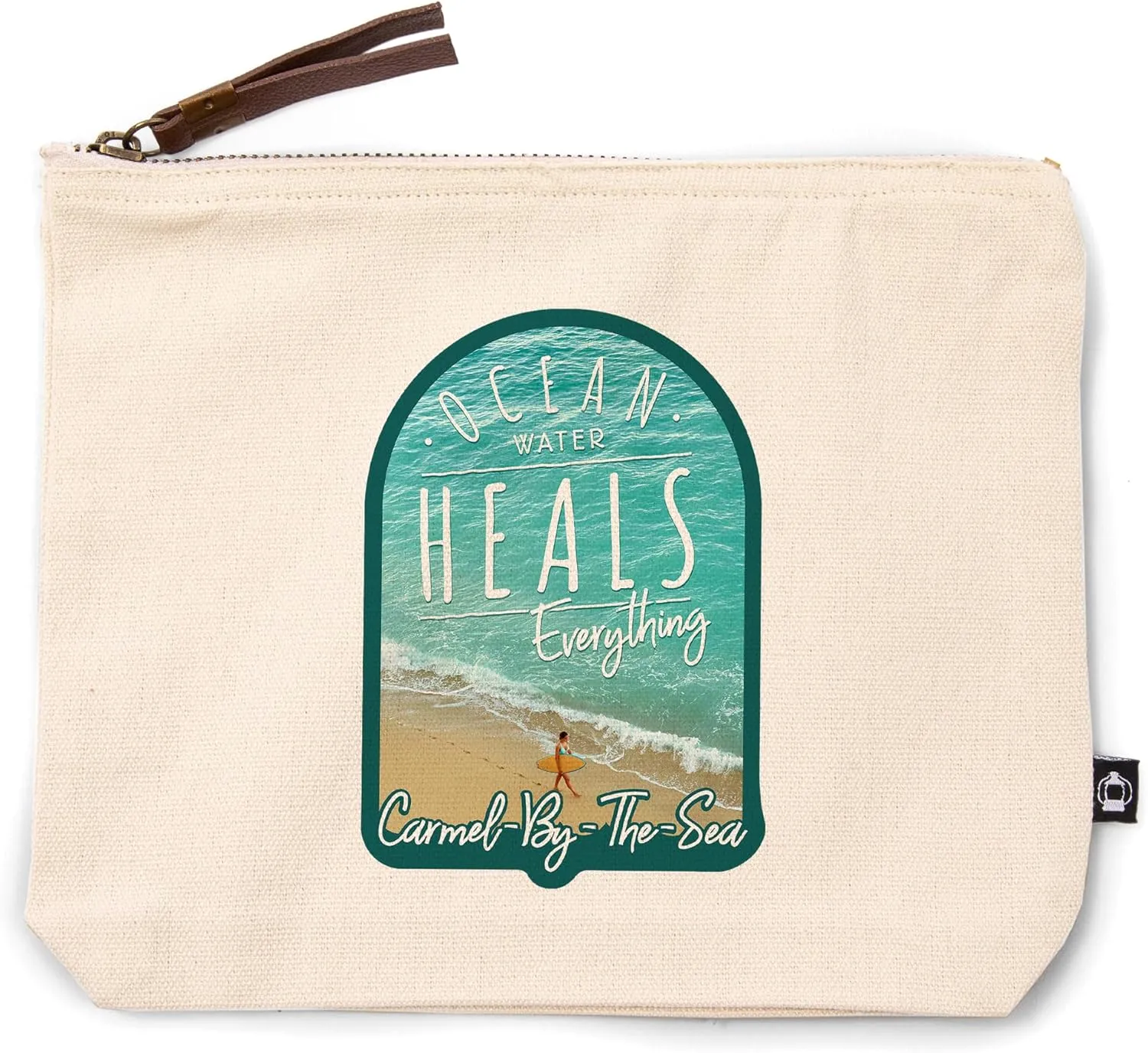 Lantern Press Carmel-by-The-Sea, California, Ocean Water Heals Everything, Surfer on Beach, 100% Cotton Zipper Pouch, Travel Accessory, Go Bag