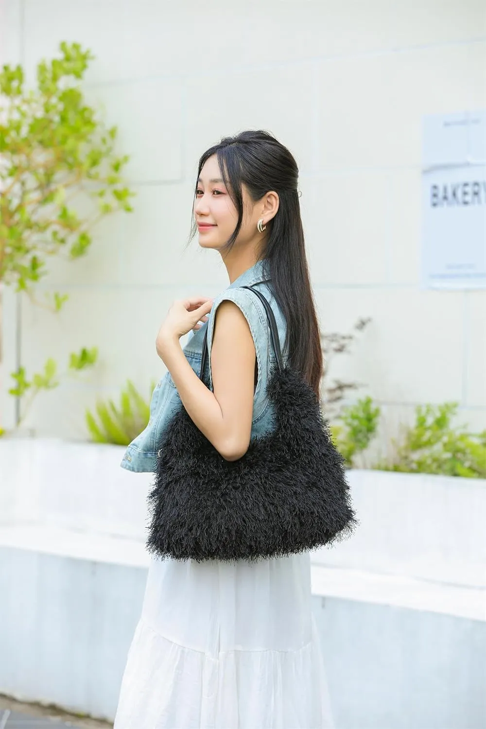 Large Furry Hobo Shoulder Crossbody Bag for Women Faux Fur Fuzzy Plush Purse and Handbag With Long Chain Strap