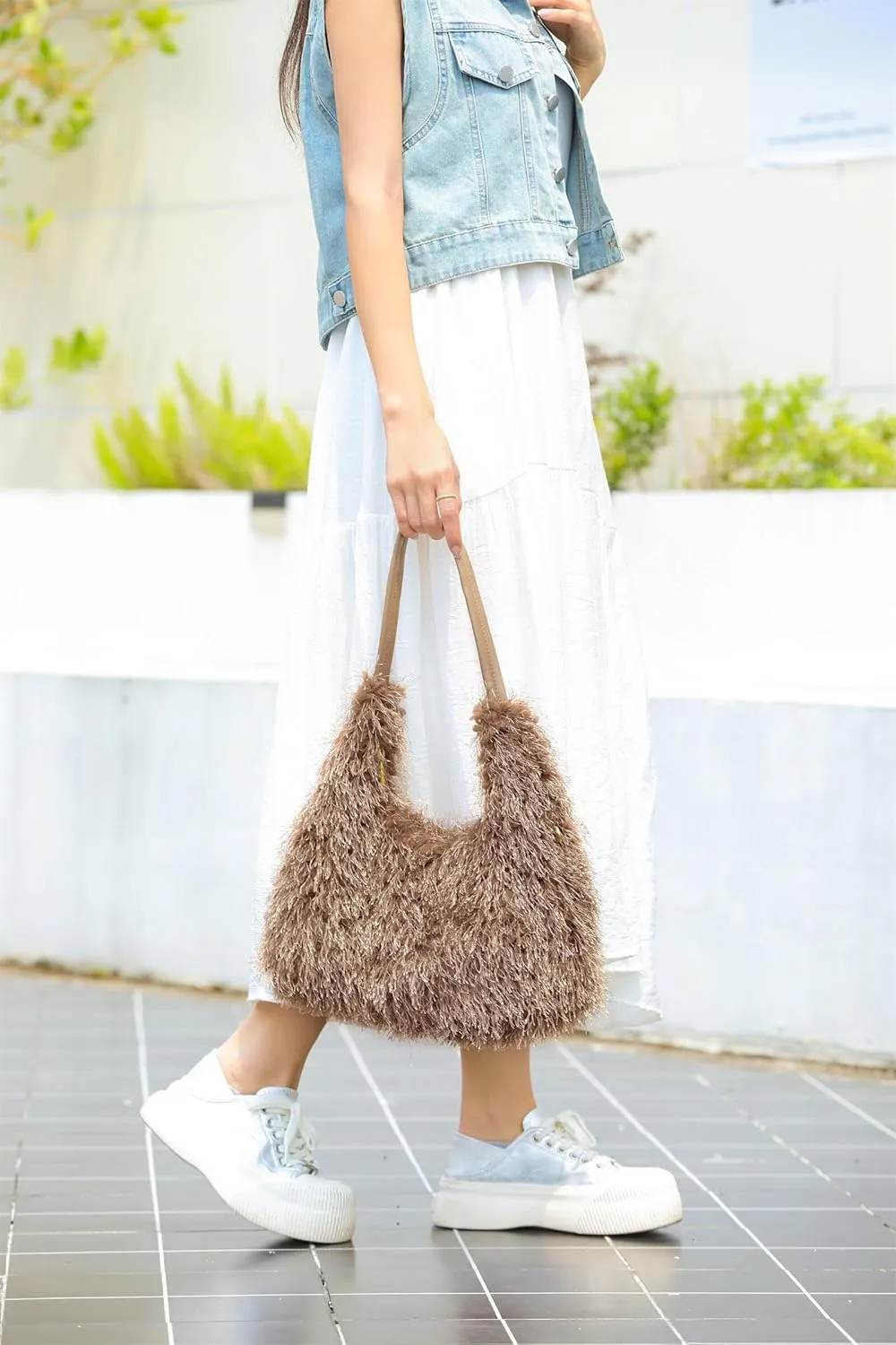 Large Furry Hobo Shoulder Crossbody Bag for Women Faux Fur Fuzzy Plush Purse and Handbag With Long Chain Strap