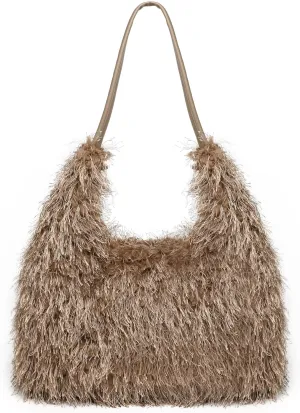 Large Furry Hobo Shoulder Crossbody Bag for Women Faux Fur Fuzzy Plush Purse and Handbag With Long Chain Strap