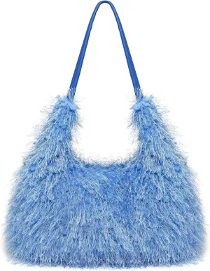 Large Furry Hobo Shoulder Crossbody Bag for Women Faux Fur Fuzzy Plush Purse and Handbag With Long Chain Strap