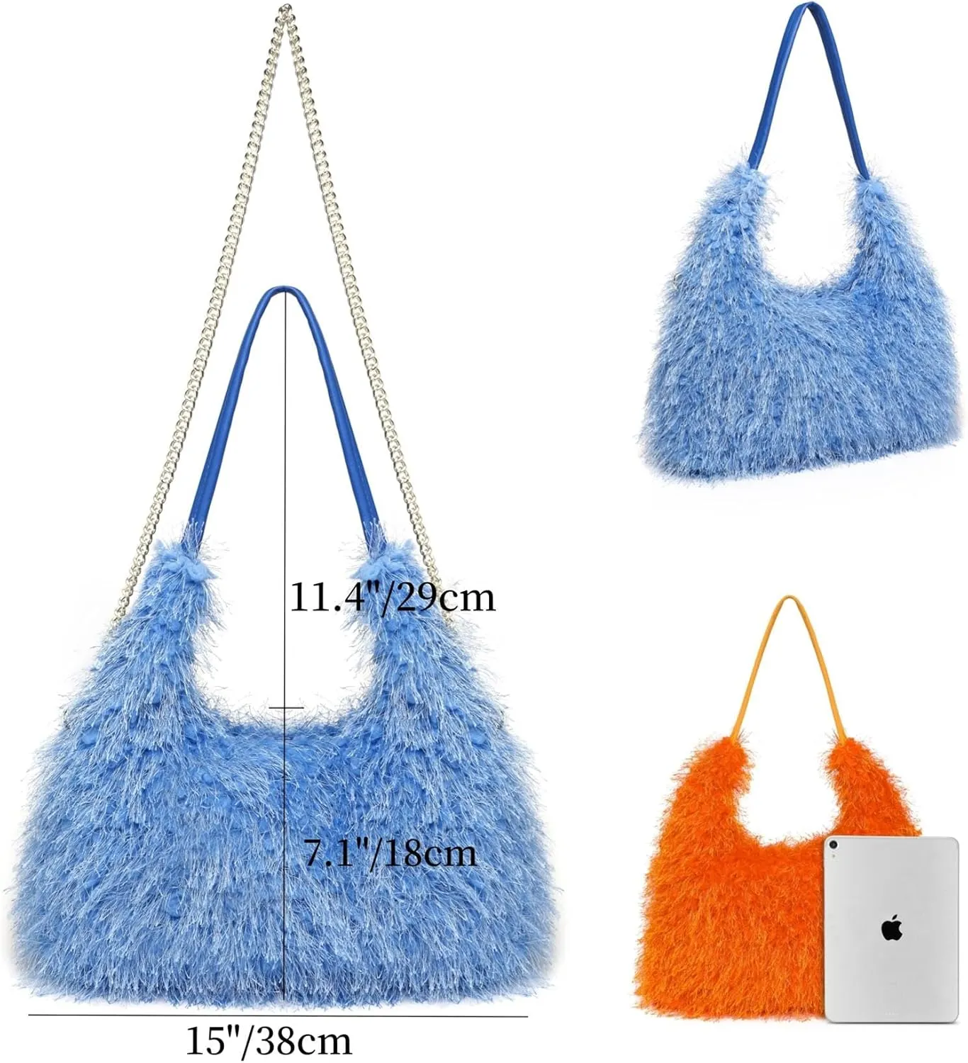 Large Furry Hobo Shoulder Crossbody Bag for Women Faux Fur Fuzzy Plush Purse and Handbag With Long Chain Strap