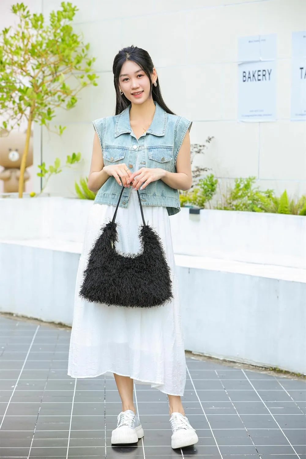 Large Furry Hobo Shoulder Crossbody Bag for Women Faux Fur Fuzzy Plush Purse and Handbag With Long Chain Strap