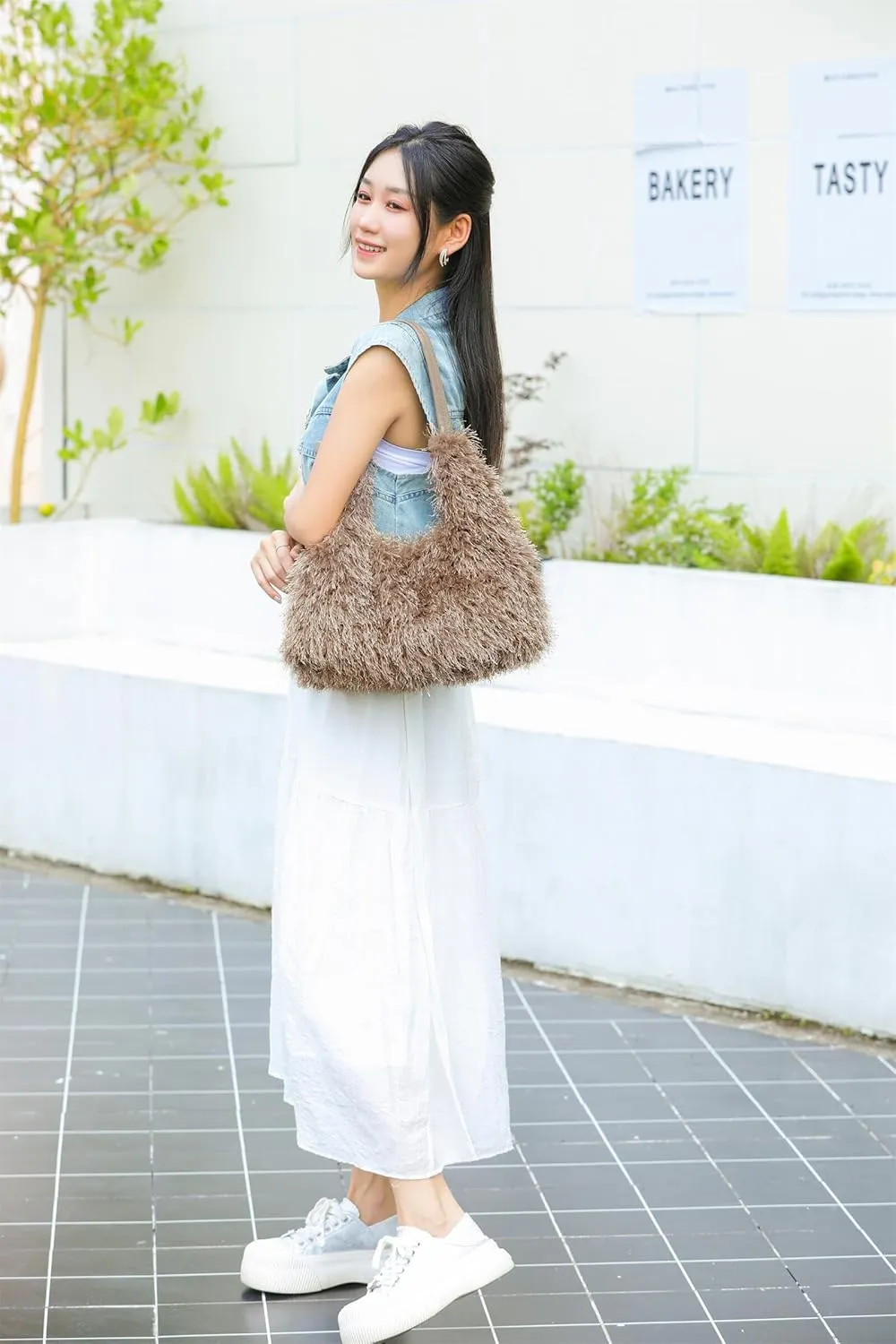 Large Furry Hobo Shoulder Crossbody Bag for Women Faux Fur Fuzzy Plush Purse and Handbag With Long Chain Strap
