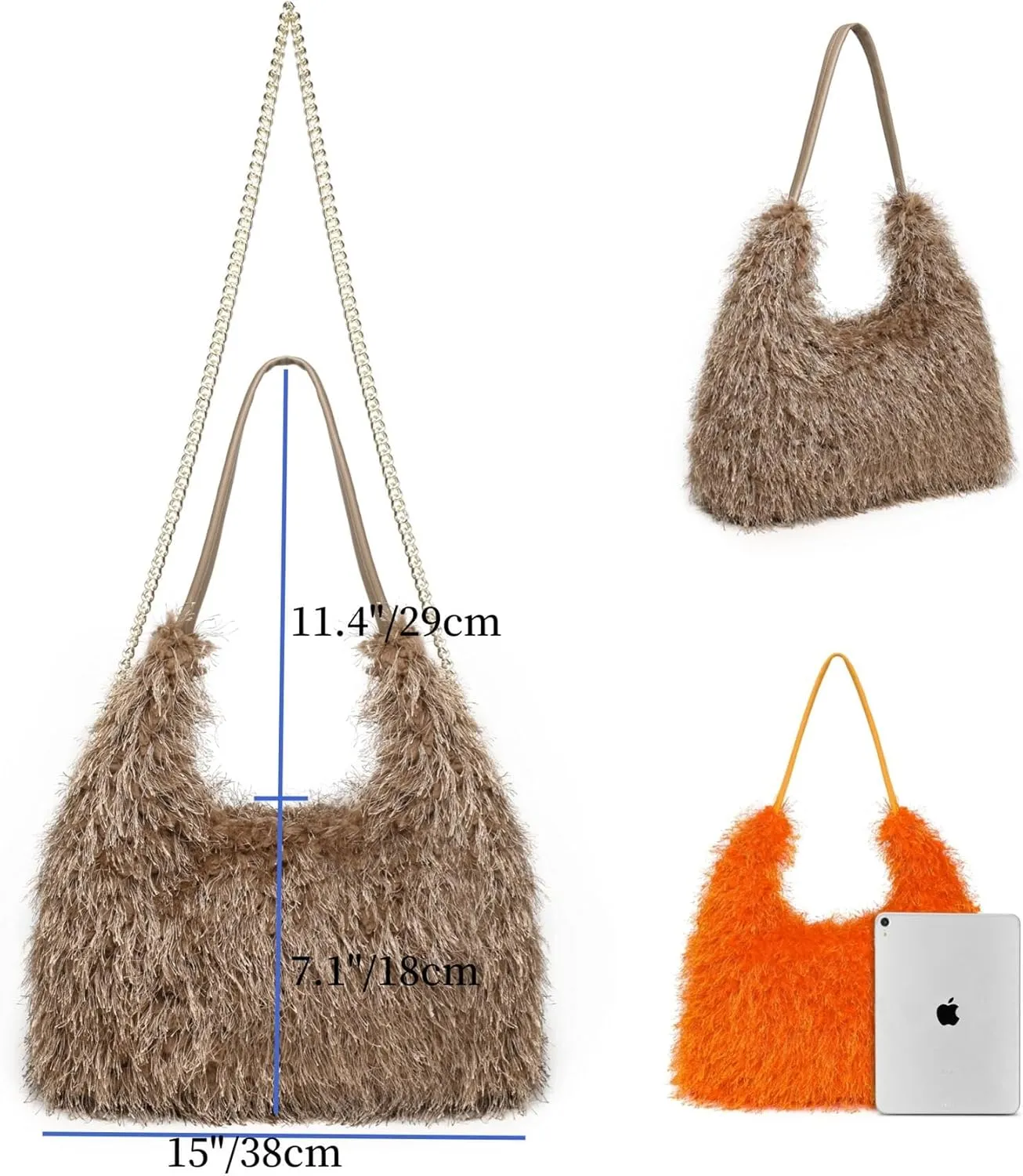 Large Furry Hobo Shoulder Crossbody Bag for Women Faux Fur Fuzzy Plush Purse and Handbag With Long Chain Strap