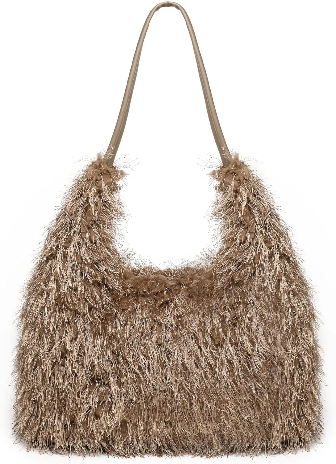 Large Furry Hobo Shoulder Crossbody Bag for Women Faux Fur Fuzzy Plush Purse and Handbag With Long Chain Strap