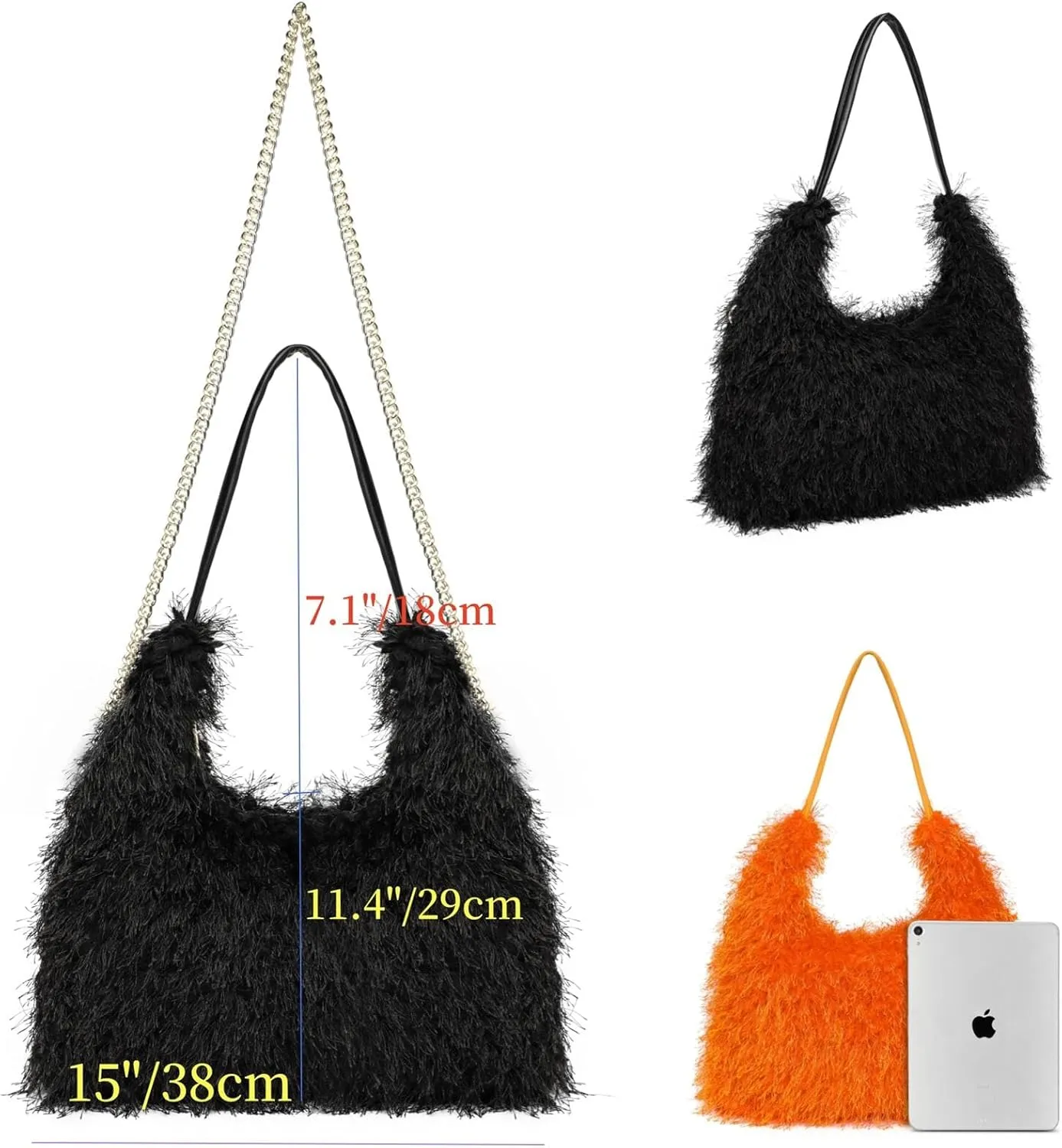 Large Furry Hobo Shoulder Crossbody Bag for Women Faux Fur Fuzzy Plush Purse and Handbag With Long Chain Strap